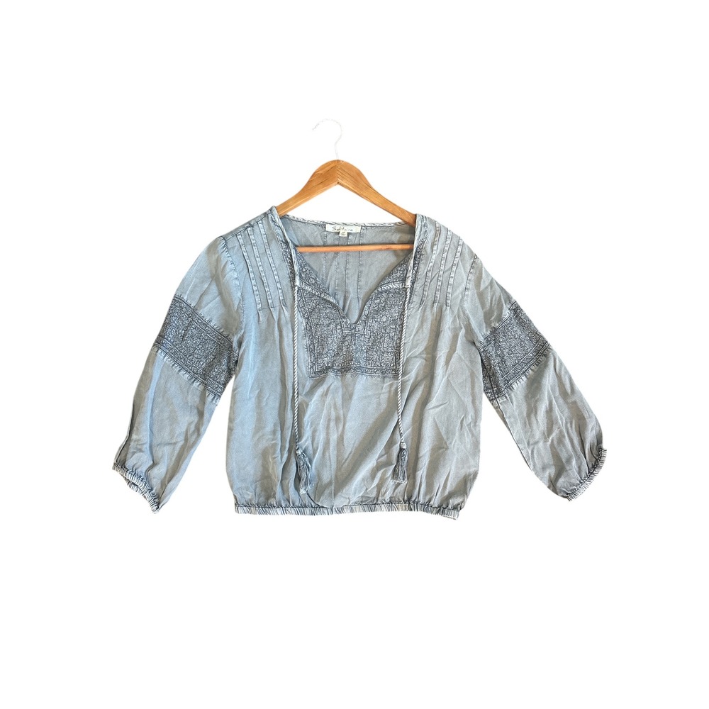 Solitaire Embroidered Tassel Tunic Shirt Blue Size M Boho‎